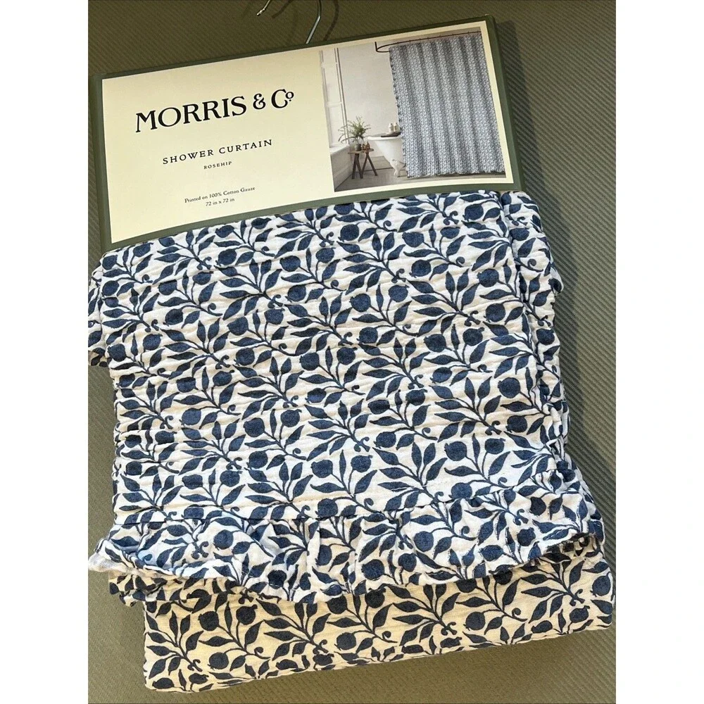 Morris & Co. Rosehip Shower Curtain Dark Blue White Cotton Gauze Ruffled Trim